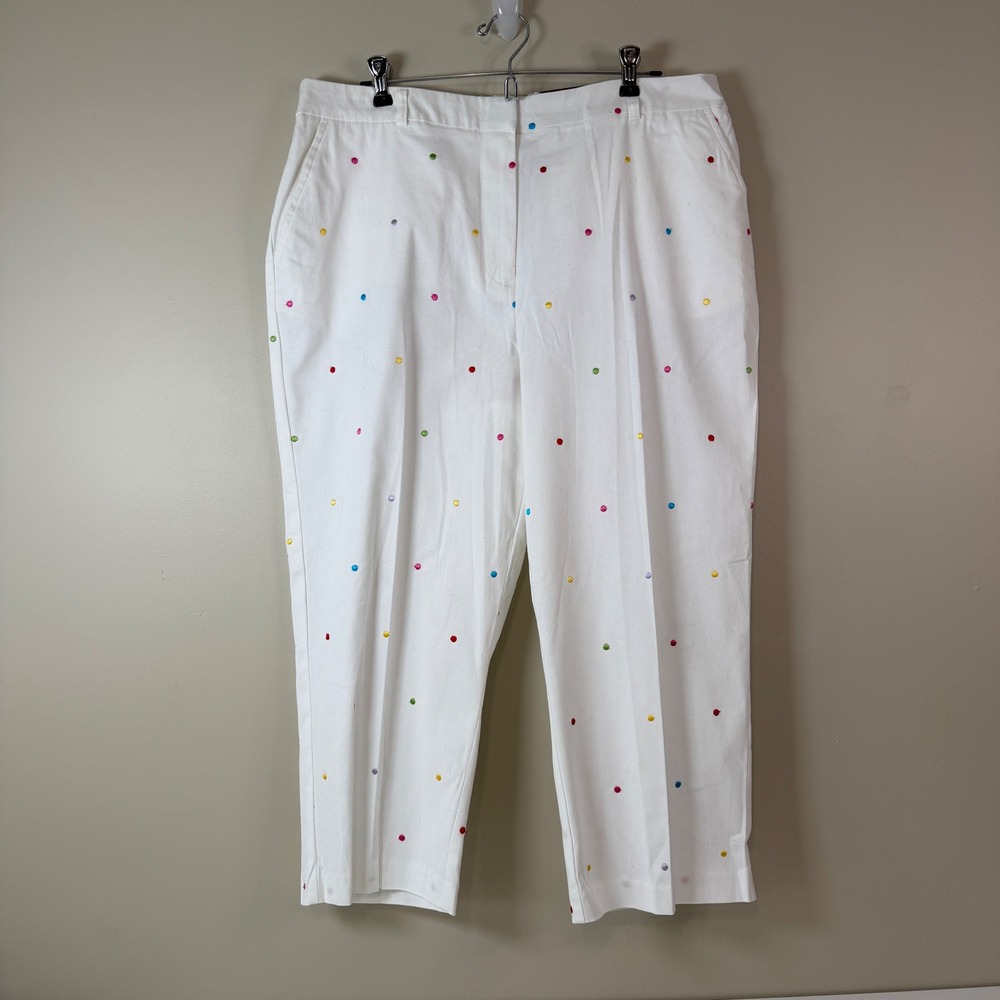 White Embroidered Rainbow Polka Dot Capri Size 16 Preppy Summer Festival Holiday